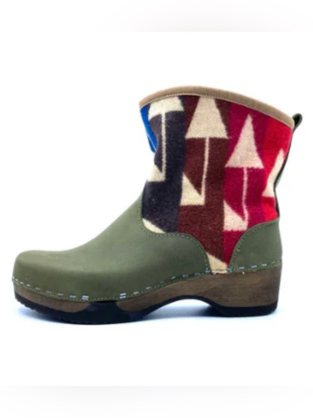 Magnafied (Kunsten) Olive Green Holly Patterned Wool Cuff Ankle Boot Clog Sz 38